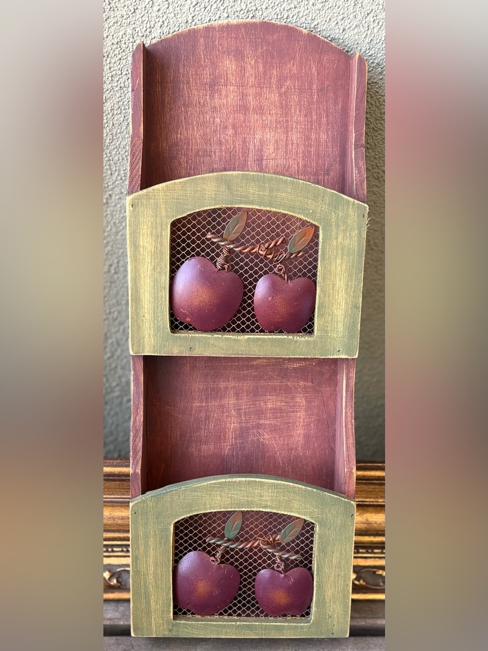 Rustic Red and Olive Double Apple motif Wall Shelf - Home Wall Decor